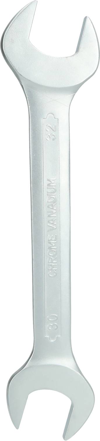 Ein silberner Schraubenschlüssel mit offenen Enden zum Festziehen oder Lösen von Muttern und Schrauben, abgebildet aufrecht.