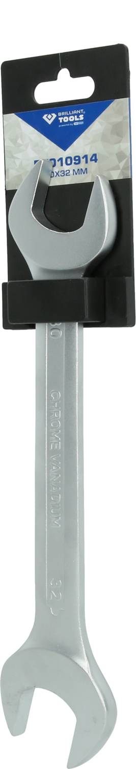 Ein silberner Schraubenschlüssel mit Verpackung. Der Schlüssel zeigt eine Öffnung für Muttern oder Schrauben. Verpackung informiert über Größe: 32 mm.