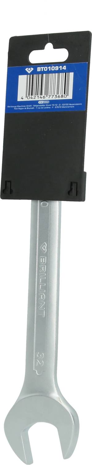 Schraubenschlüssel aus Metall mit einer Aufhängungskarte zur Präsentation.