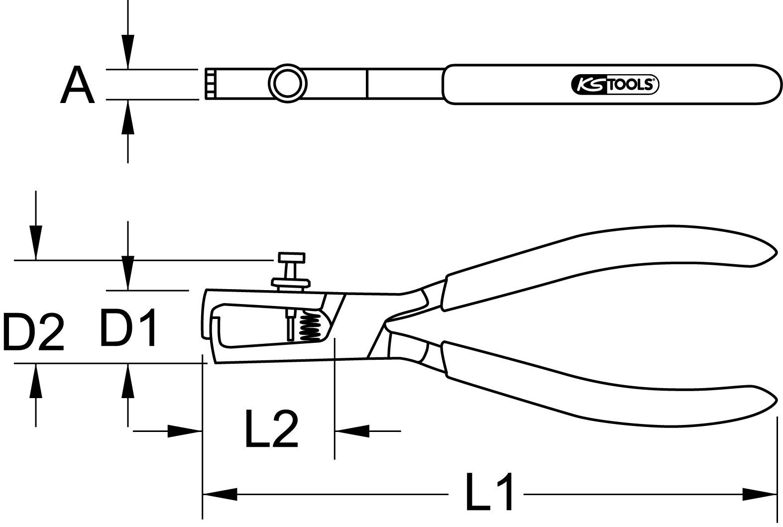 Diagramm von zwei Zangenmodellen mit spezifischen Maßen: A, D1, D2, L1, L2. Zeigt Größenverhältnisse und Konstruktionsdetails.