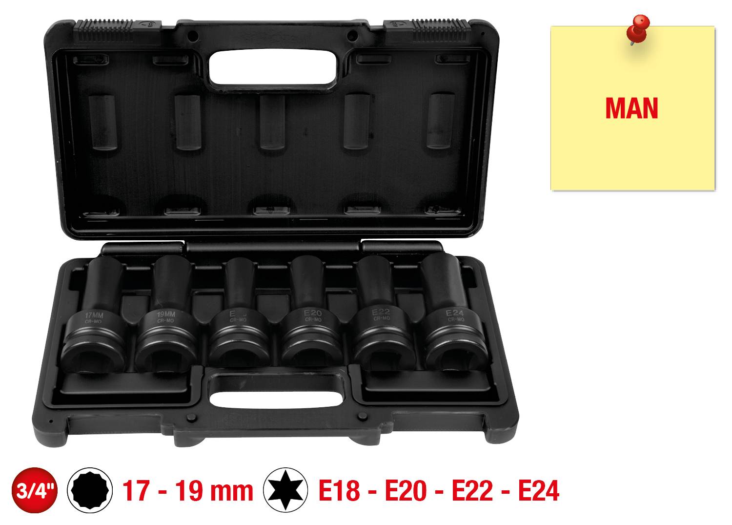 'Schlagschrauber Nuss-Set in offener Box mit fünf Nüssen. Größen: 17-19 mm, E18, E20, E22, E24. Notiz mit Text 