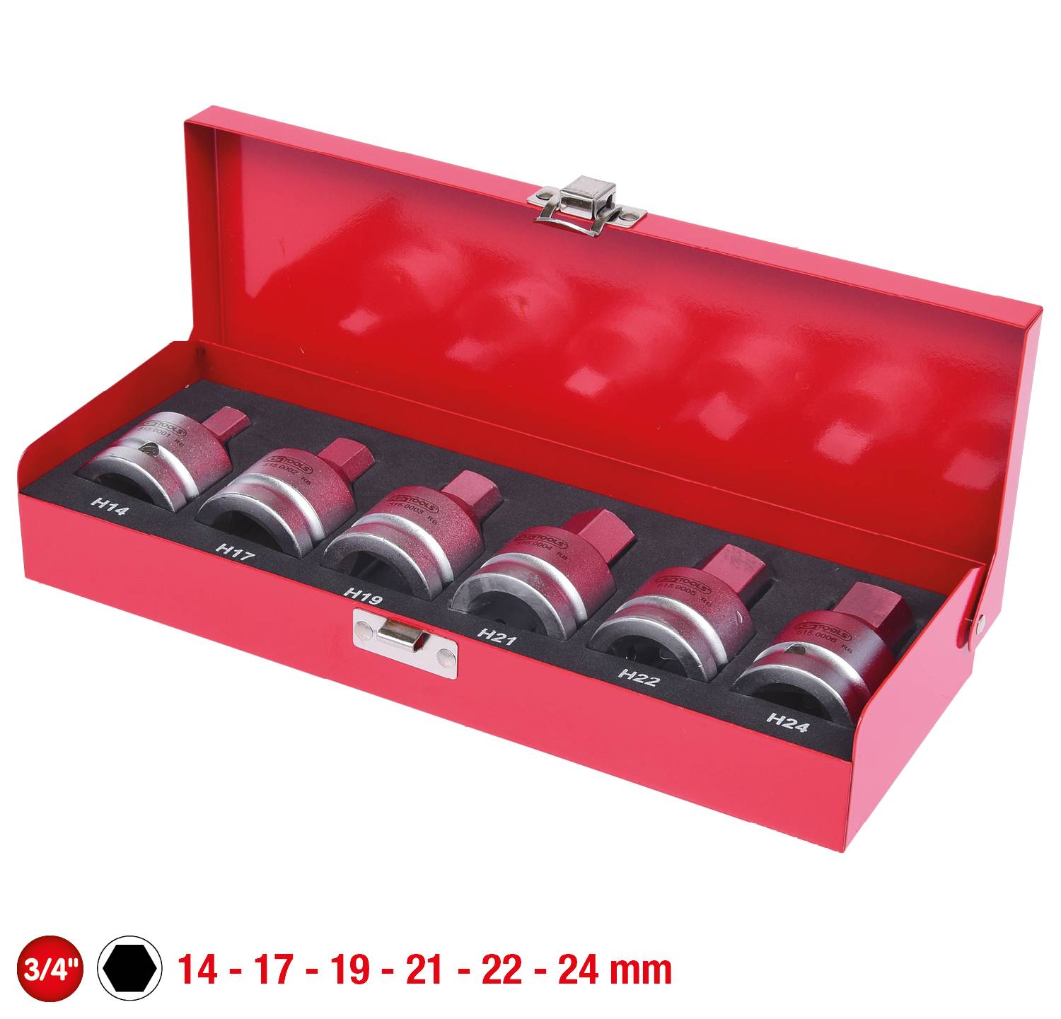 Sechsteiliges Steckschlüsselsatz in roter Metallbox, Größen: 14, 17, 19, 21, 22, 24 mm. Verwendbar für 3/4'' Antrieb.