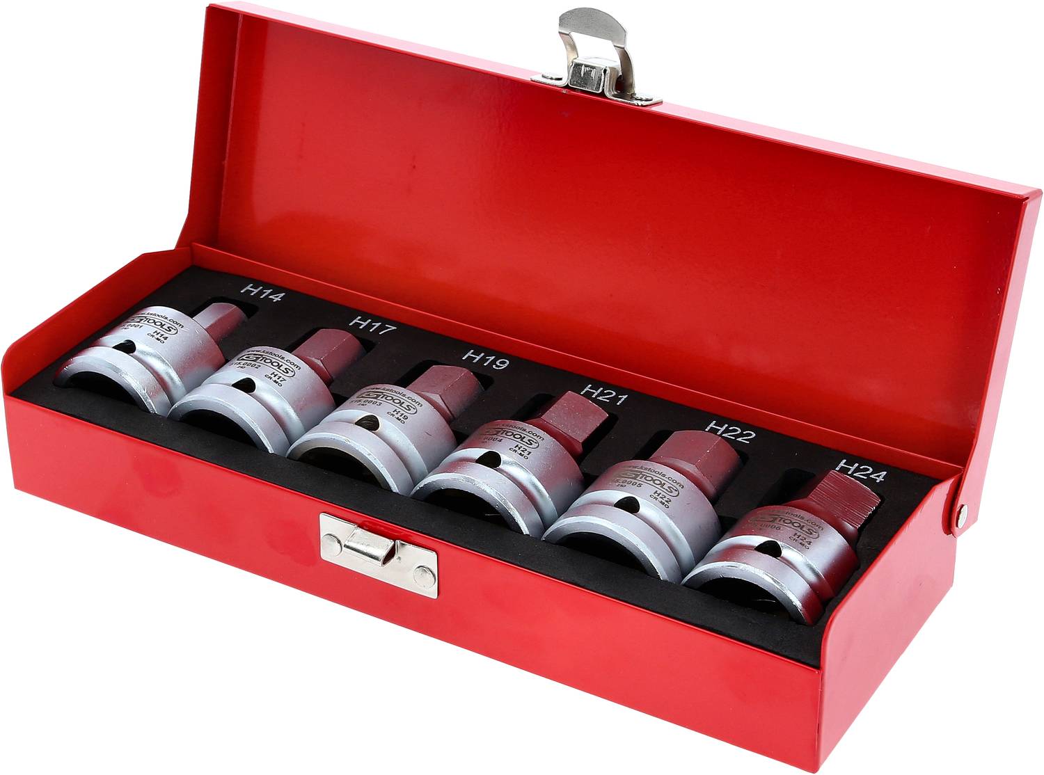 Sechskant-Nuss-Set in roter Metallbox, Größen H14 bis H24, geöffnet für Darstellung.