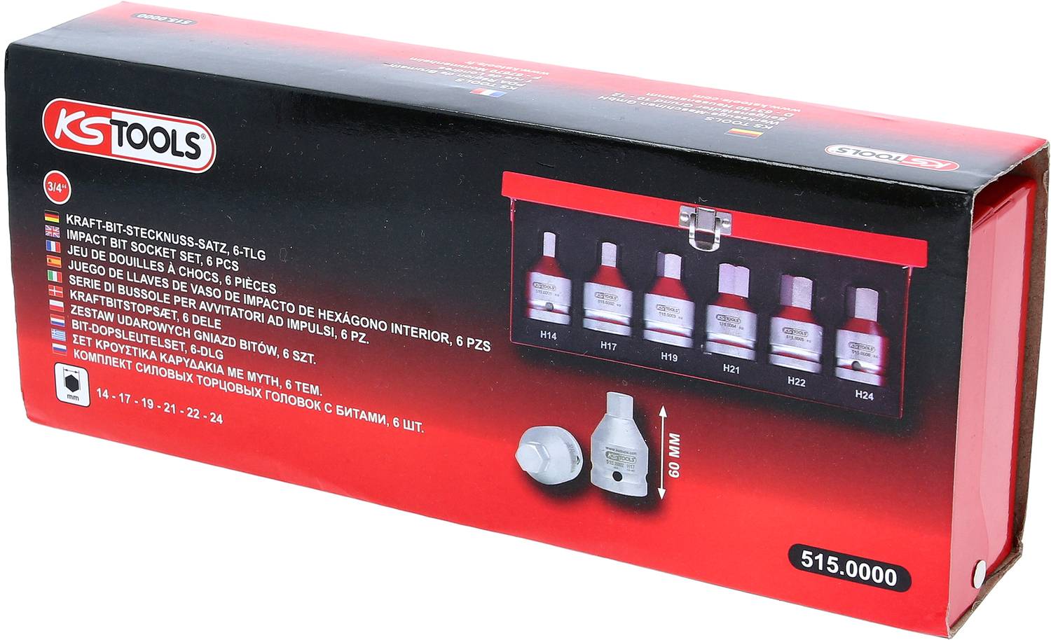 'KS Tools Kraft-Box Stecknuss-Satz, 6-teilig'. Verpackung zeigt Bild von sechs Stecknüssen und technische Details.