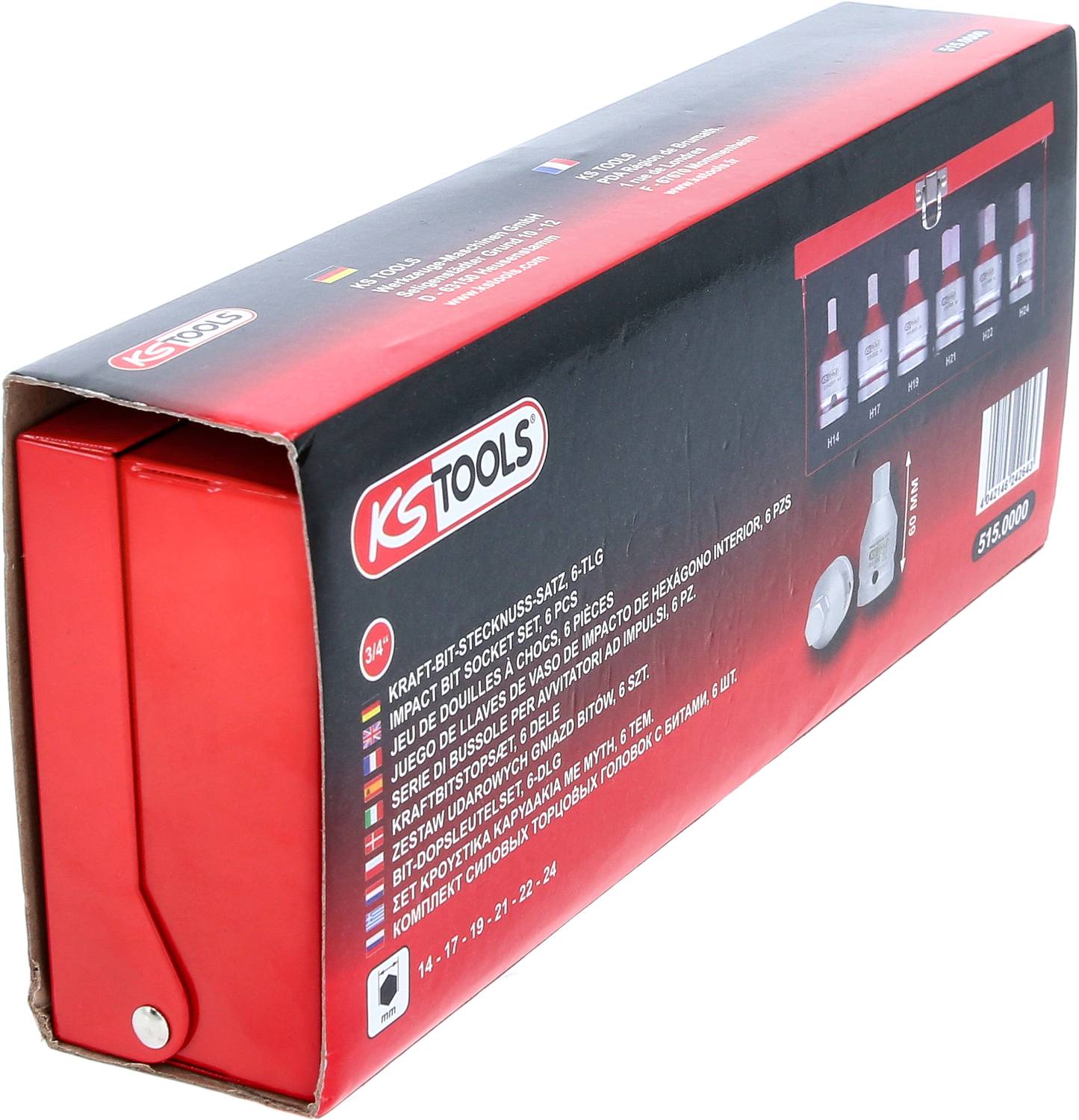 Eine rote Werkzeugbox von KS Tools mit Abbildungen von Schraubenziehern und Informationen in mehreren Sprachen auf der Verpackung.