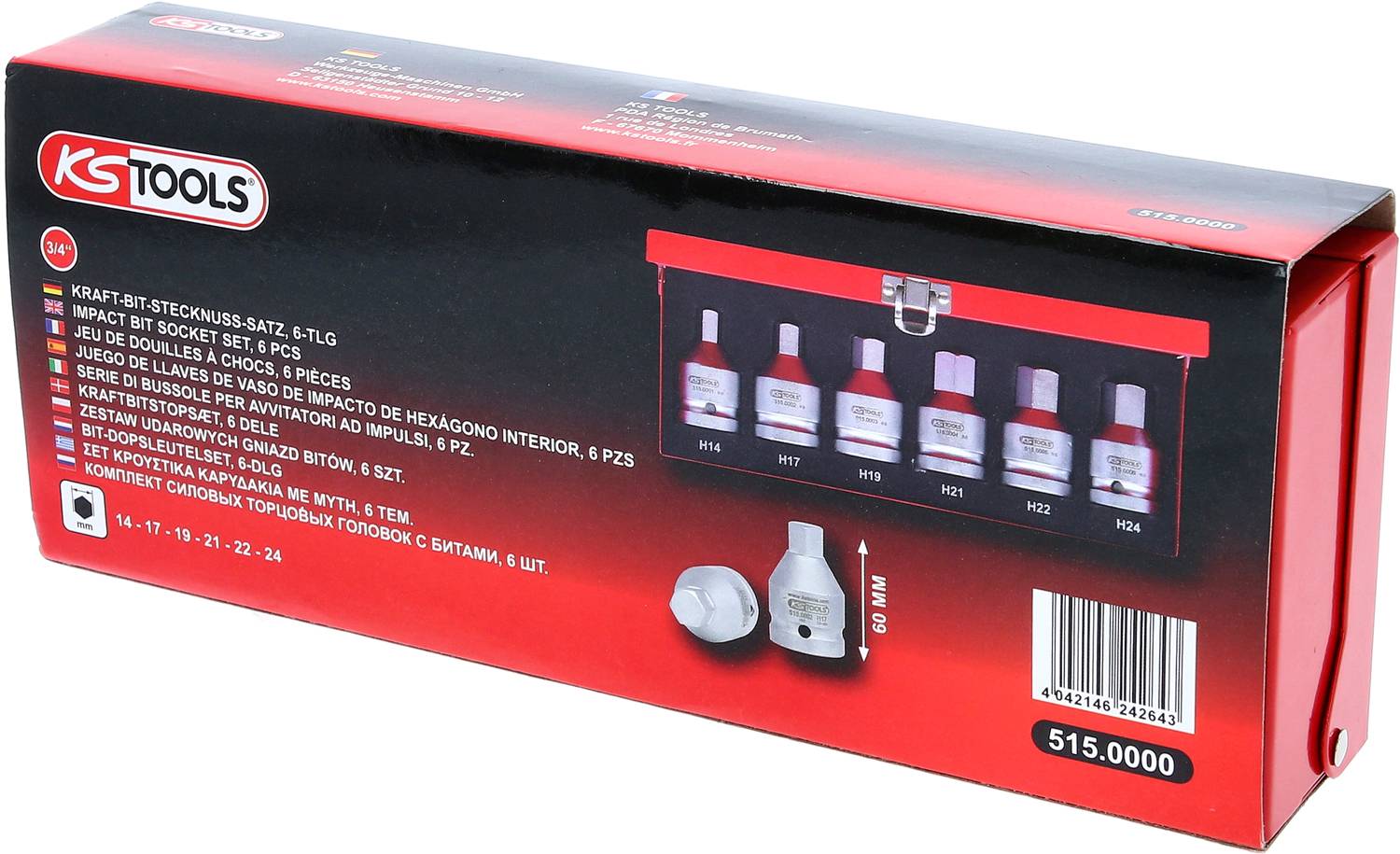 Eine rote Werkzeugbox-Verpackung mit sechs Stecknussaufsätzen von KS Tools. Produktname und Artikelnummer sind gut sichtbar.