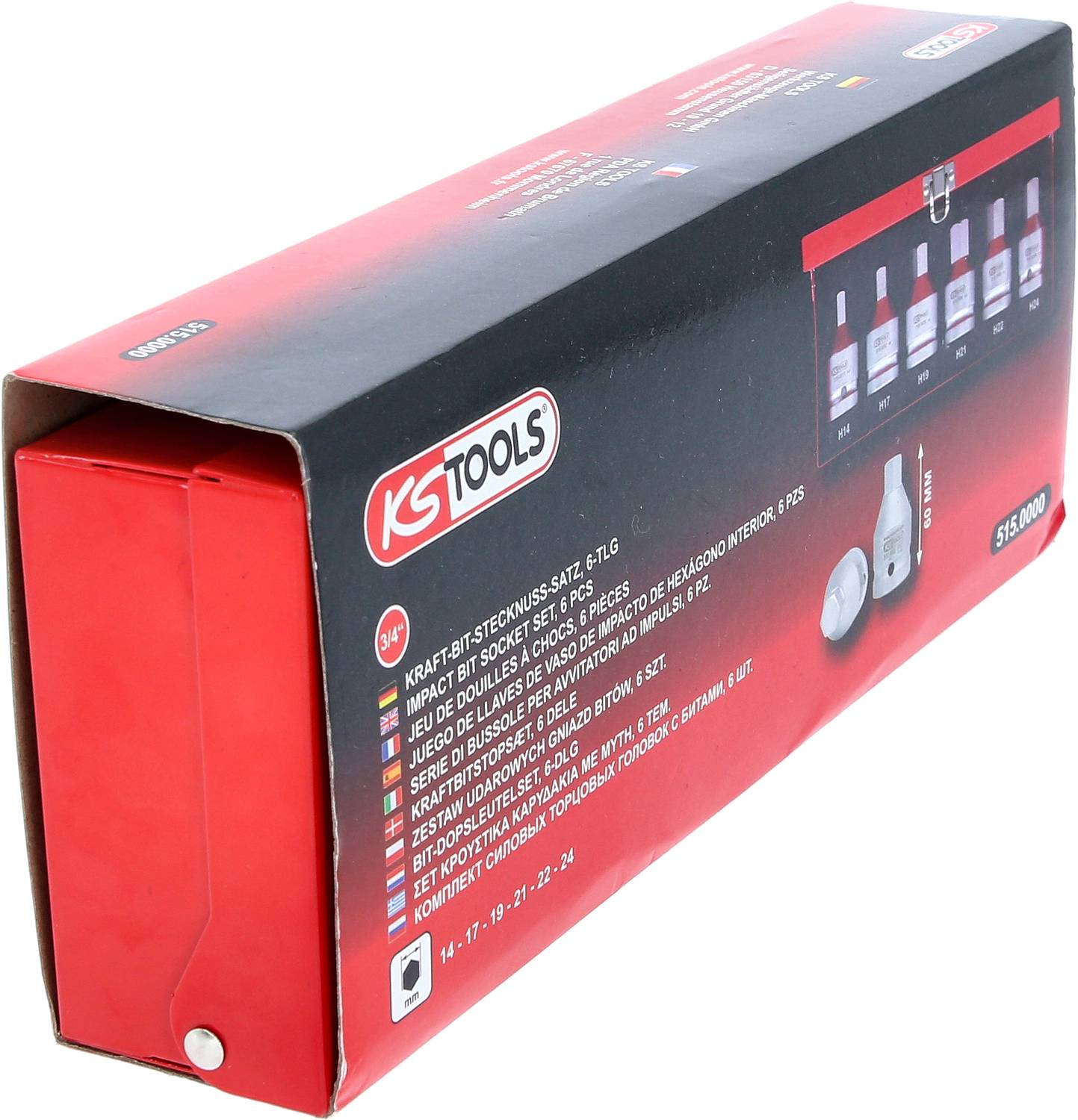 'KS TOOLS Kraft-Bit-Stecknuss-Satz' Verpackung mit abgebildeten Stecknüssen. Hauptfarben sind Schwarz und Rot. Produktbeschreibung auf der Seite.