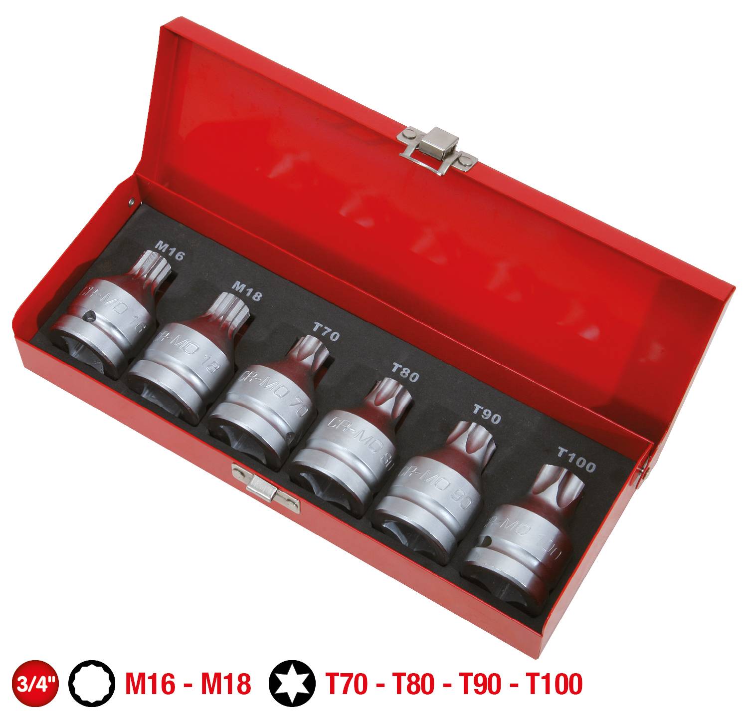 Ein Set Torx-Steckschlüsseleinsätze in einem roten Kasten, Größen M16 bis T100, dargestellt mit den Größenangaben darunter.