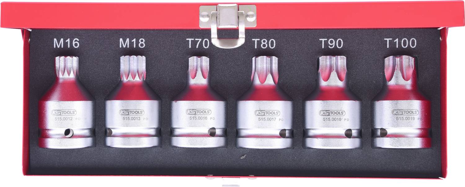 Ein rotes Etui enthält sechs Torx-Bit-Nüsse der Größen M16, M18, T70, T80, T90 und T100, geordnet von links nach rechts.