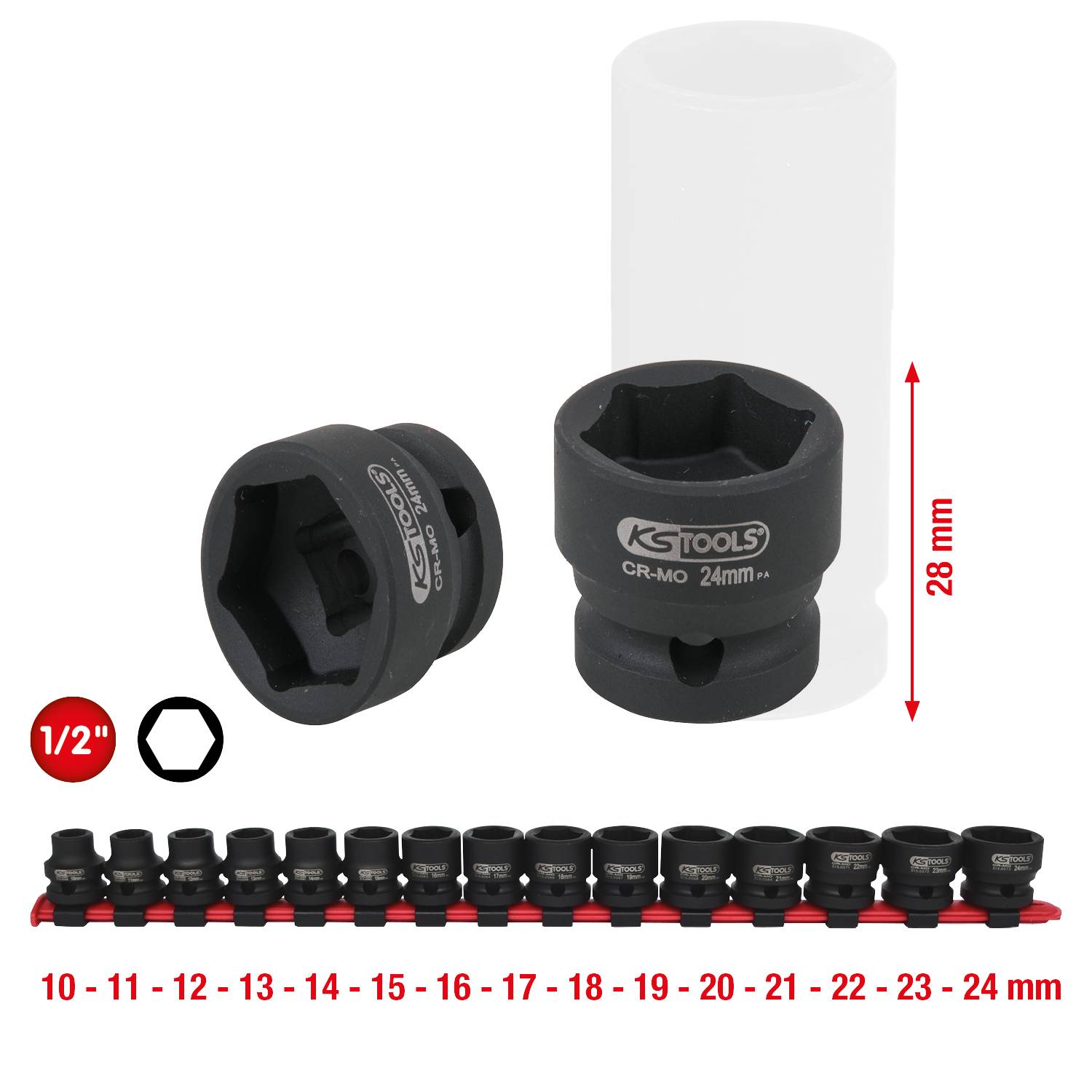 Abbildung eines Steckschlüsselsatzes von 10 mm bis 24 mm mit Halter, 1/2 Zoll Antrieb, 28 mm Länge, Marke 'KS Tools'.