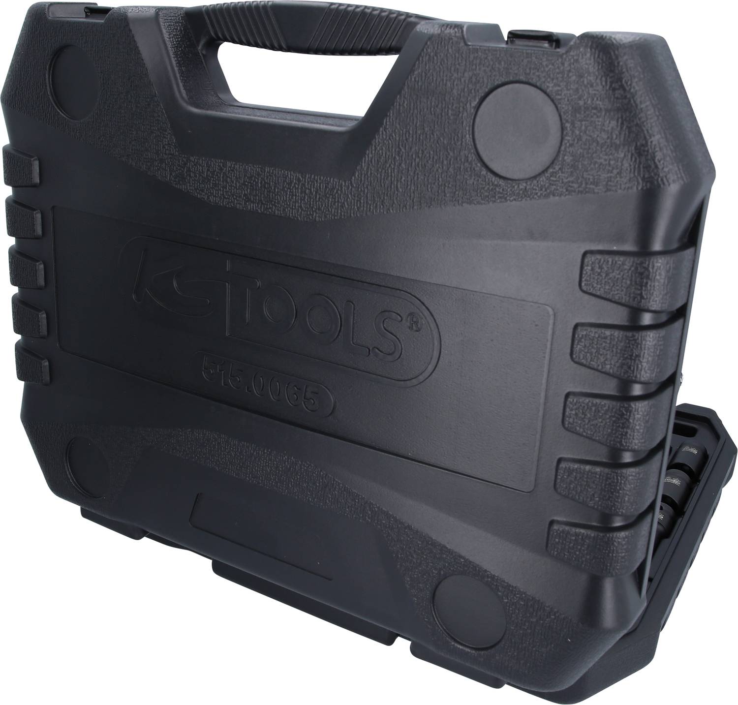 Ein schwarzer Werkzeugkoffer mit robustem Design und Tragegriff.