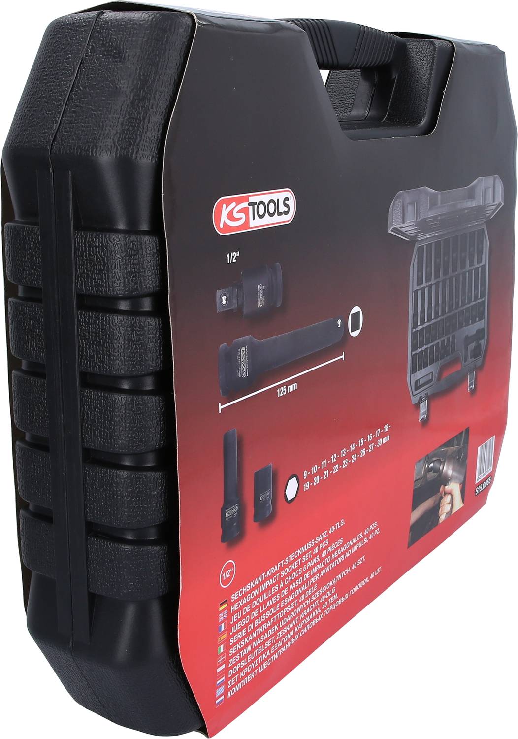 Schwarzer Werkzeugkoffer von KS Tools mit rotem Etikett, zeigt Werkzeuge innen. Tragegriff oben, robuste Bauweise für mobile Nutzung.