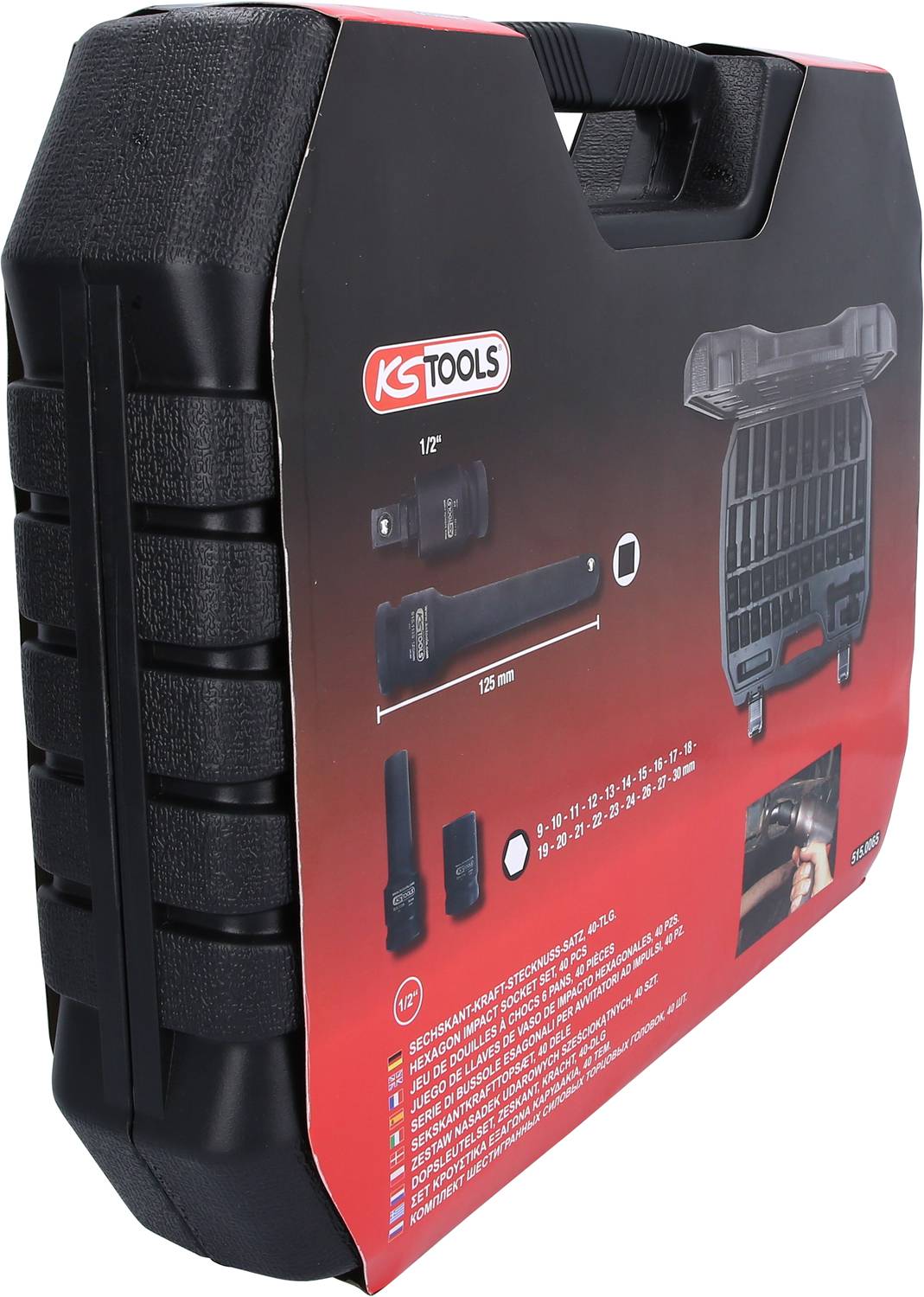 'KS Tools' Hartschalenkoffer mit Steckschlüsselsatz, Abbildung der enthaltenen Steckteile auf rotem Etikett, Tragegriff oben links.