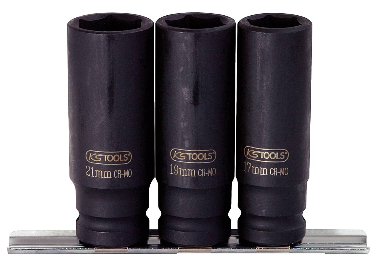 Drei schwarze Steckschlüsseleinsätze von KS Tools in den Größen 21mm, 19mm und 17mm auf einer Halterung.