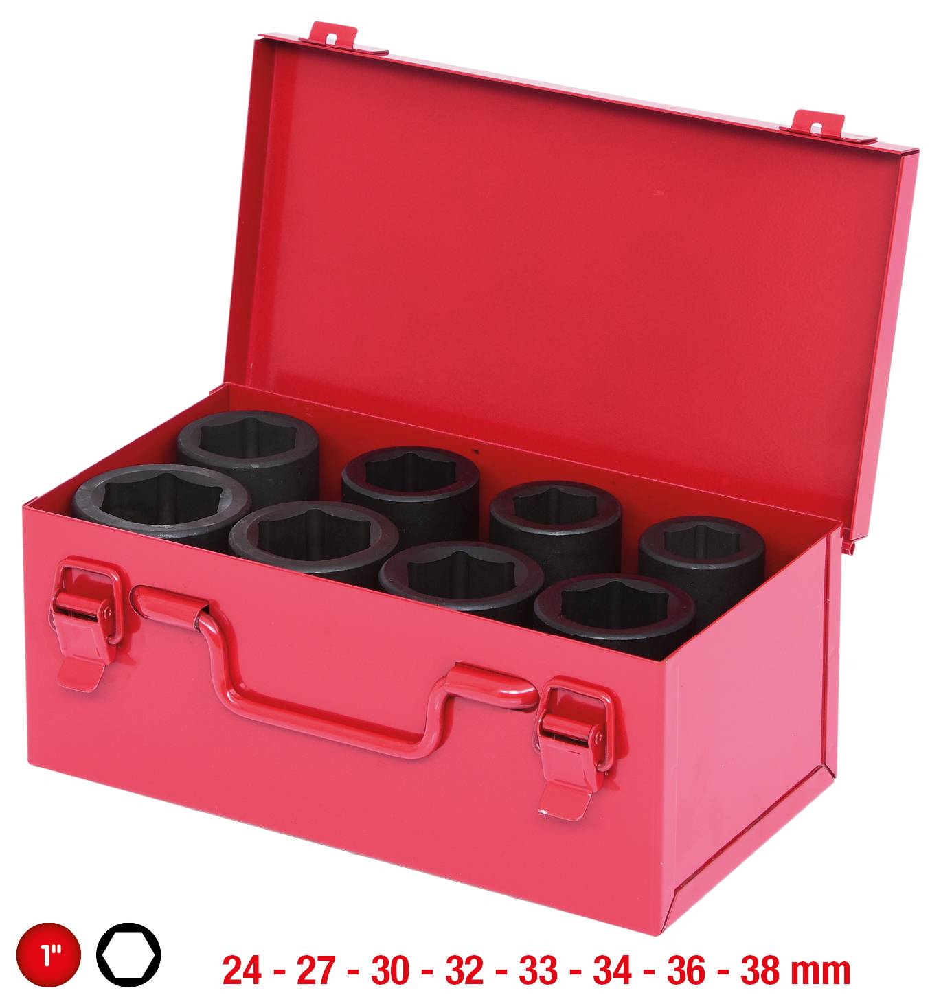 Roter Werkzeugkasten mit offenem Deckel, acht schwarze Stecknüsse. Größenangaben: 24, 27, 30, 32, 33, 34, 36, 38 mm.