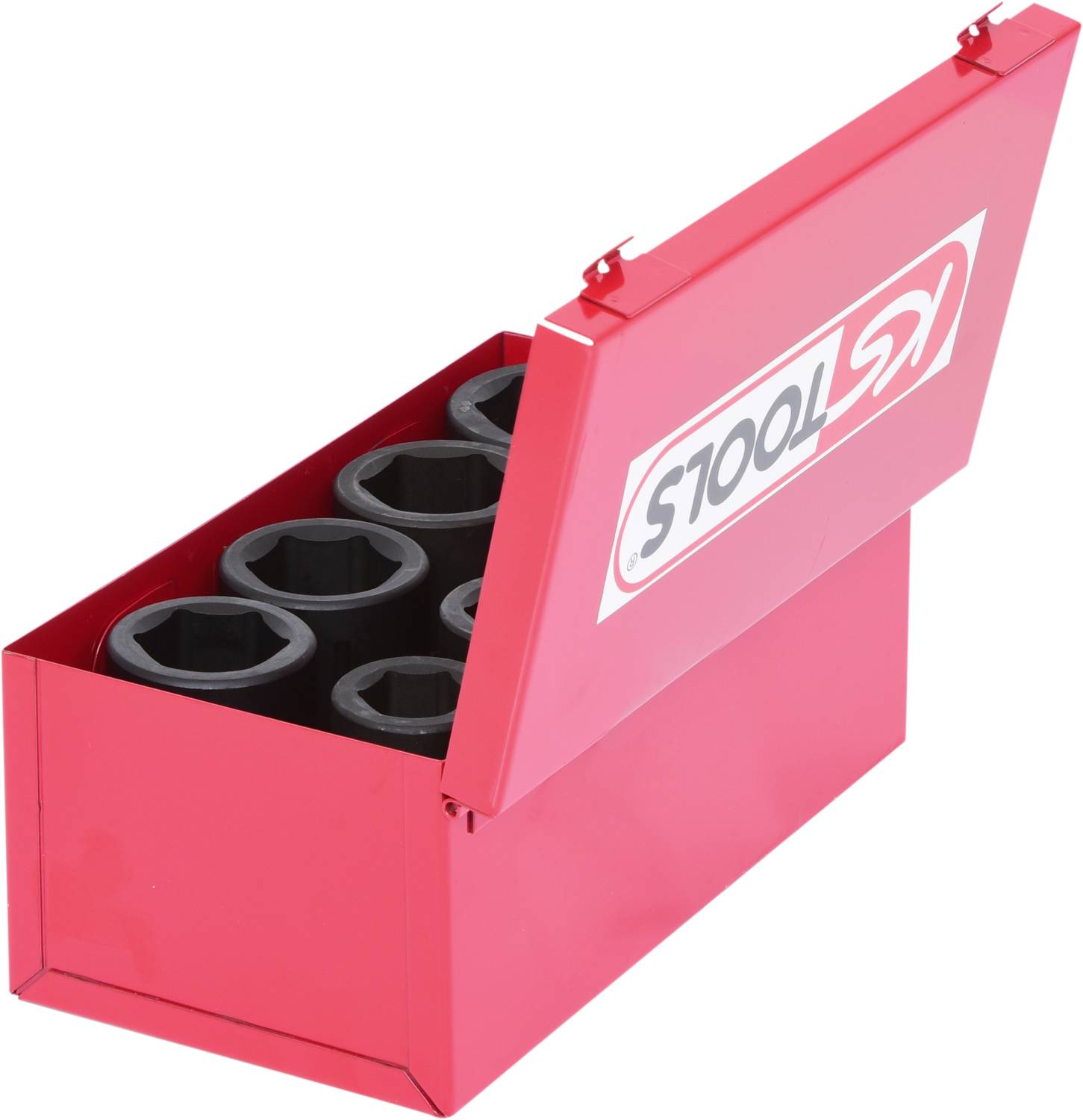 Roter Metallkasten mit offenem Deckel zeigt sechs Steckschlüsseleinsätze für Werkzeuge. Label 'KS TOOLS' auf dem Deckel.