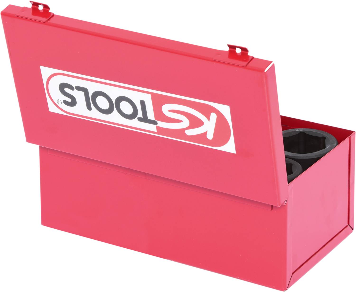 Rote Werkzeugkiste mit offenem Deckel, innen zwei schwarze Steckplätze sichtbar. Ein Logo mit 'KS Tools' ist auf der Vorderseite.