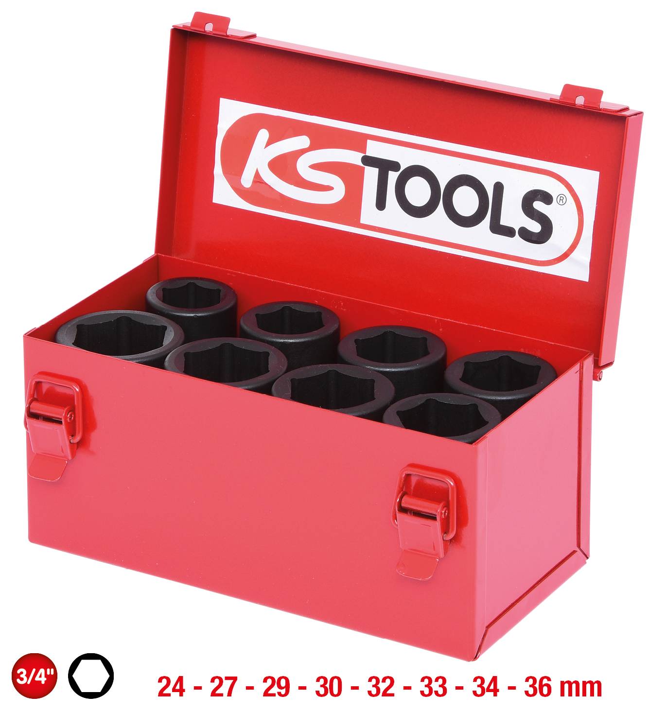 Roter Werkzeugkasten mit der Aufschrift 'KS TOOLS', enthält mehrere Steckschlüssel in den Größen 24 bis 36 mm.