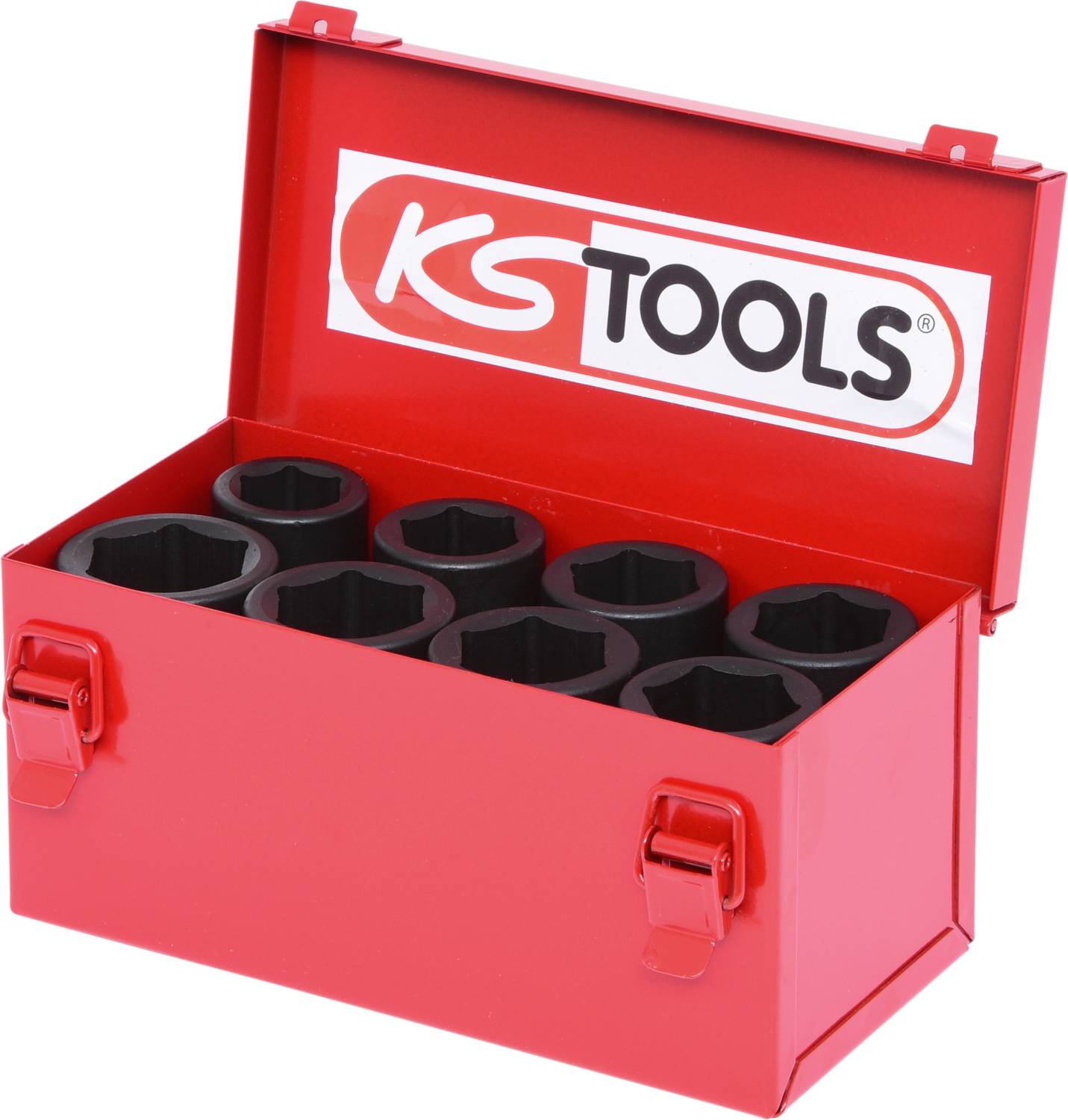 Roter Werkzeugkasten mit KS Tools Logo, geöffnet. Enthält schwarze Sechskantnüsse in zwei Reihen. Geeignet für mechanische Arbeiten.