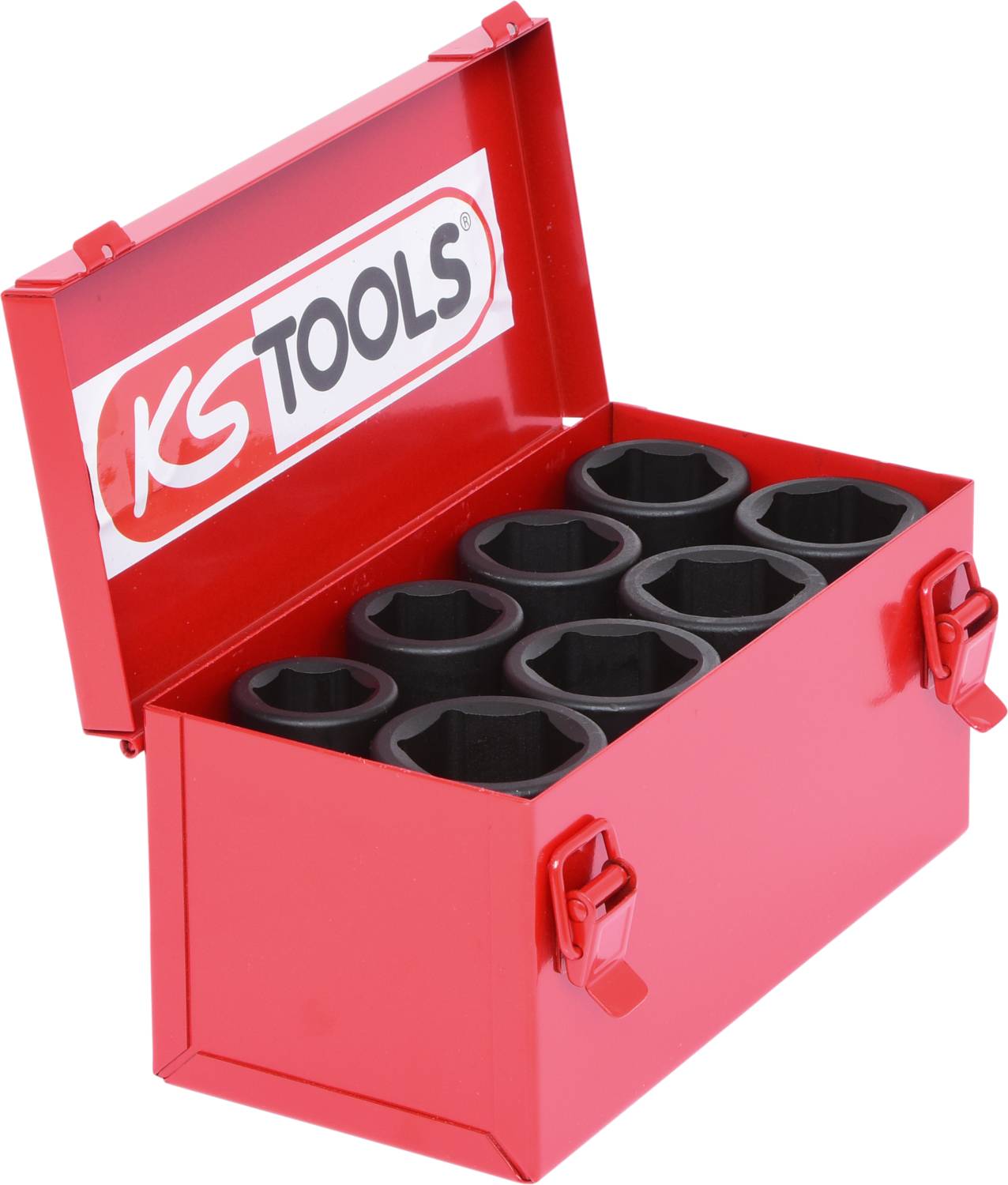 Roter Werkzeugkasten mit der Aufschrift 'KS TOOLS' auf dem Deckel, enthält mehrere schwarze Schraubenschlüsselaufsätze in runder Form.
