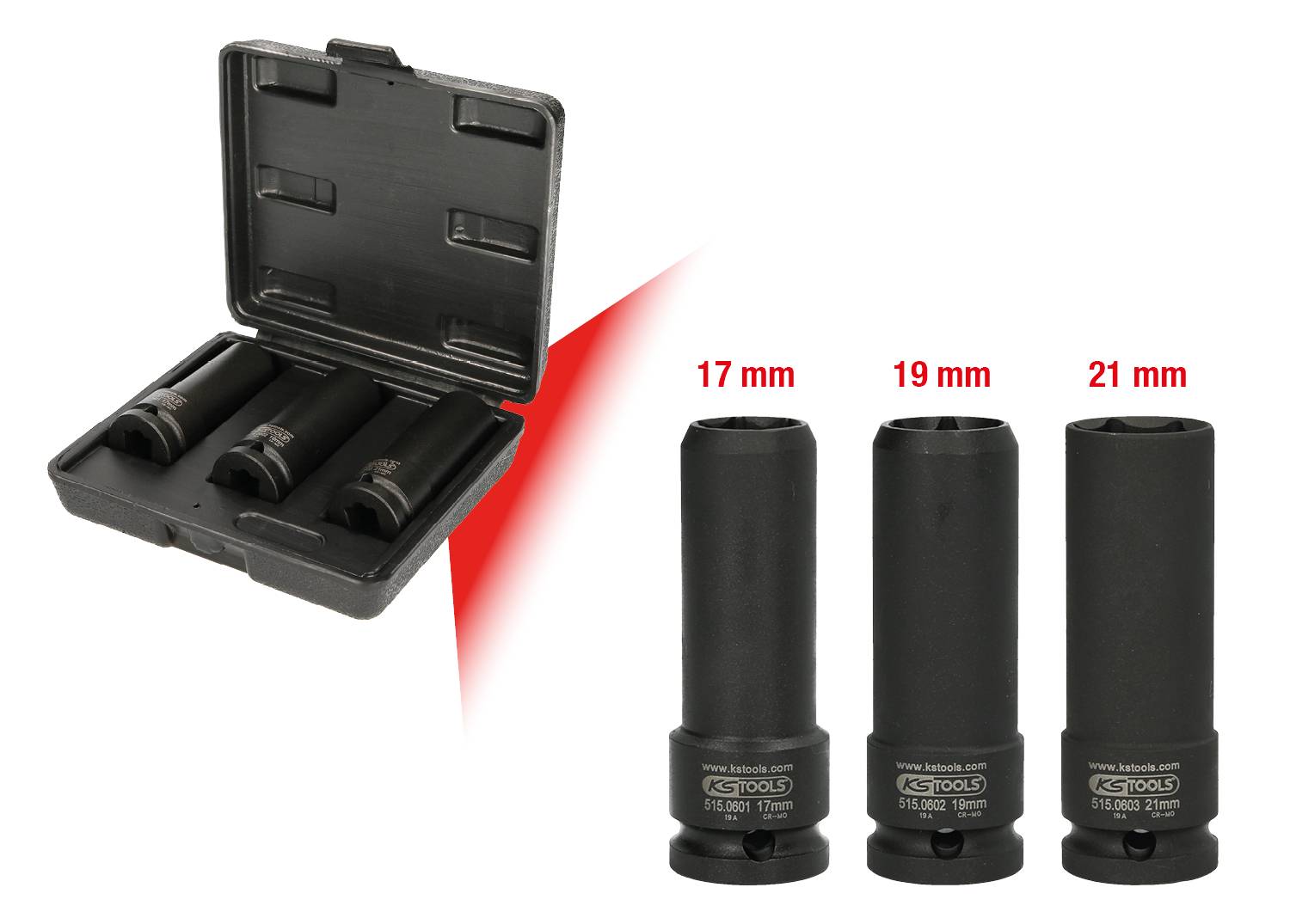 Drei Steckschlüssel in den Größen 17 mm, 19 mm und 21 mm mit passenden Beschriftungen, neben einer offenen schwarzen Werkzeugkiste.