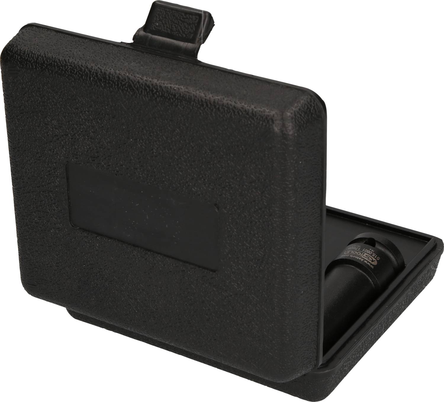 Ein schwarzes Etui, das geöffnet ist und einen schwarzen Zylinder mit Aufschrift enthält.