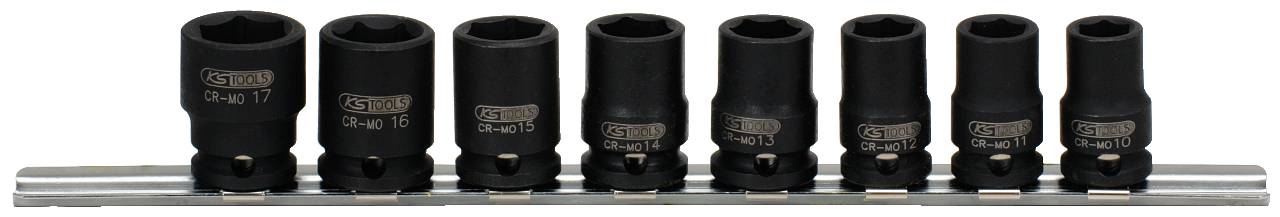 Stecknuss-Set auf Halterung mit acht schwarzen Stecknüssen in verschiedenen Größen.