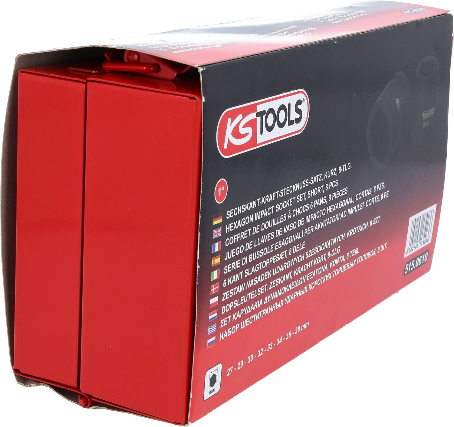 Verpackung für ein sechsteiliges Ratschenset von KS Tools, mit Ratschenschlüsseln und internationaler Beschreibung der Inhalte.