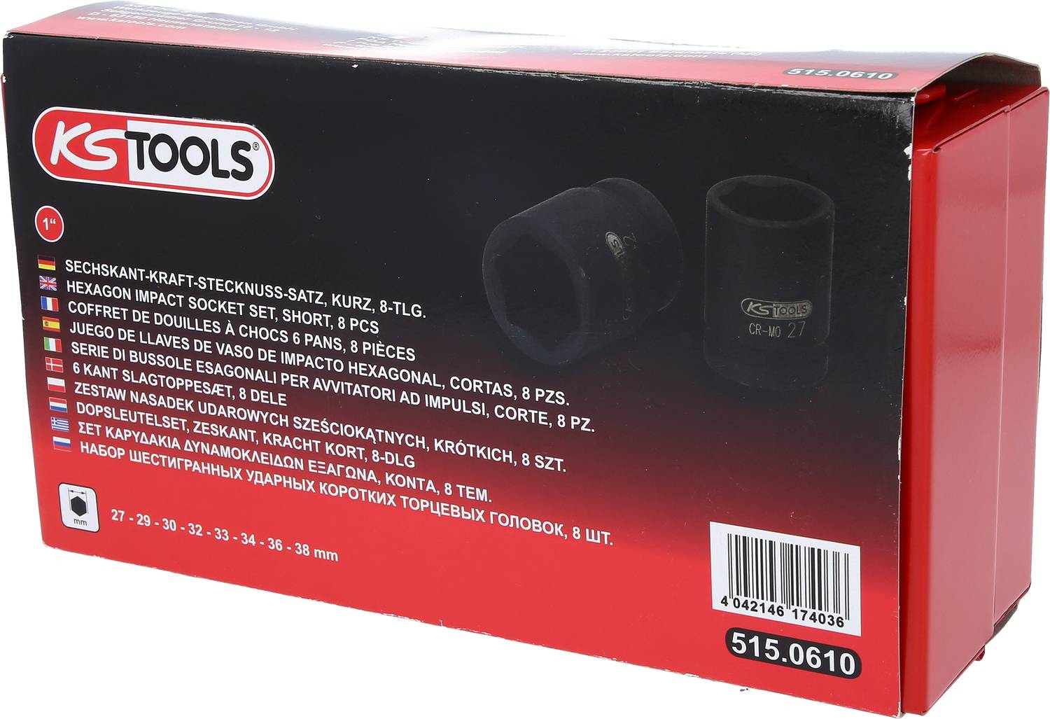 Satz aus 8 kurzen Stecknüssen, Sechskant, 27-38 mm, von KS Tools. Verpackung in Schwarz und Rot. Artikelnummer: 515.0610.