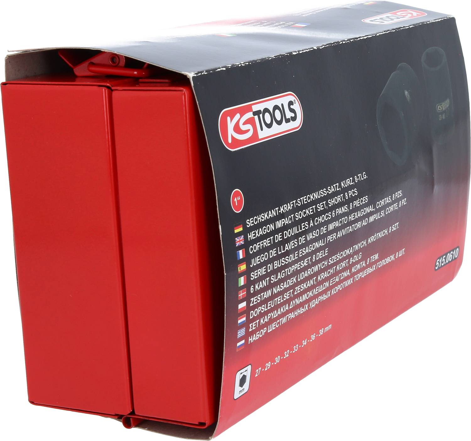 Roter Werkzeugkasten von 'KS Tools' mit mehrsprachiger Beschreibung von Sechskant-Stecknuss-Sätzen, 9-teiliges Set.