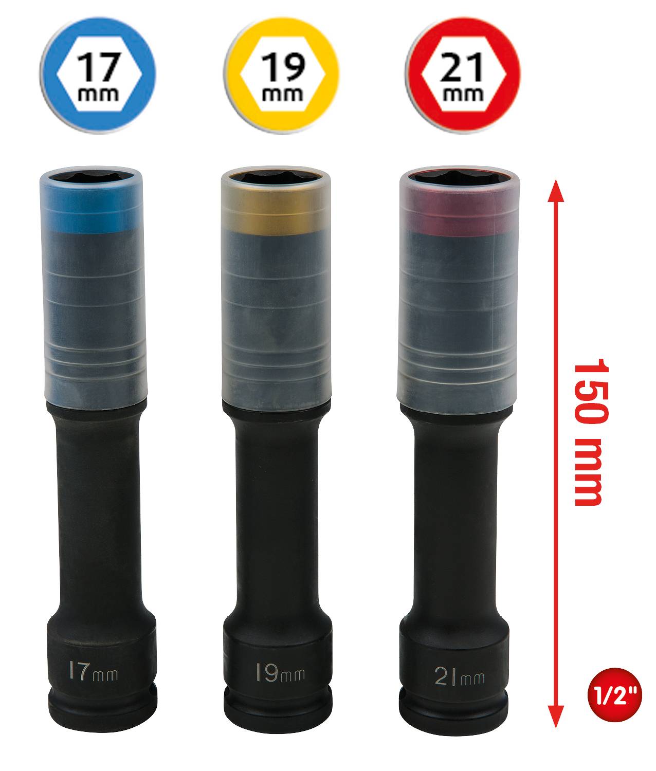 'Drei geschützte Steckschlüssel, Größen 17 mm, 19 mm, 21 mm, mit farbigen Markierungen (blau, gelb, rot), Länge 150 mm, 1/2