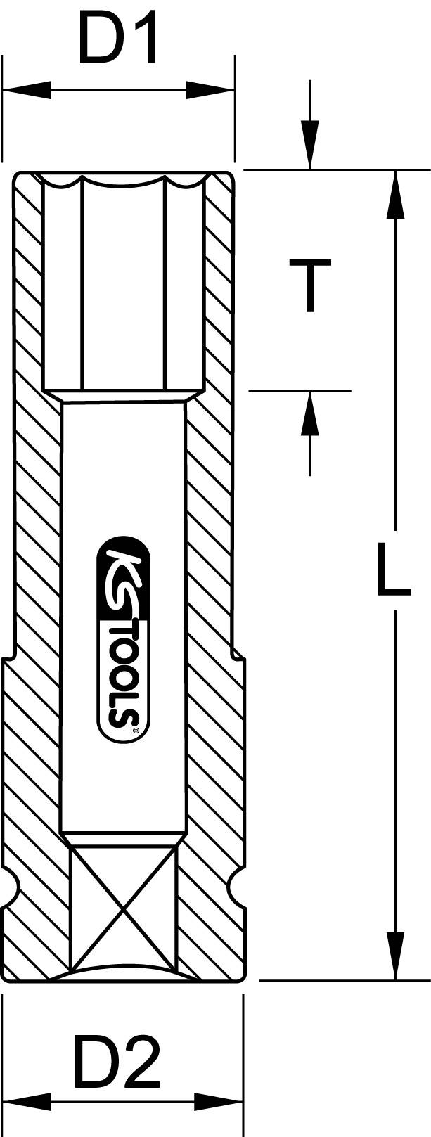 Technische Zeichnung einer Stecknuss mit Markierungen für D1, D2, T und L. Herstellerlogo in der Mitte des Werkzeugs abgebildet.