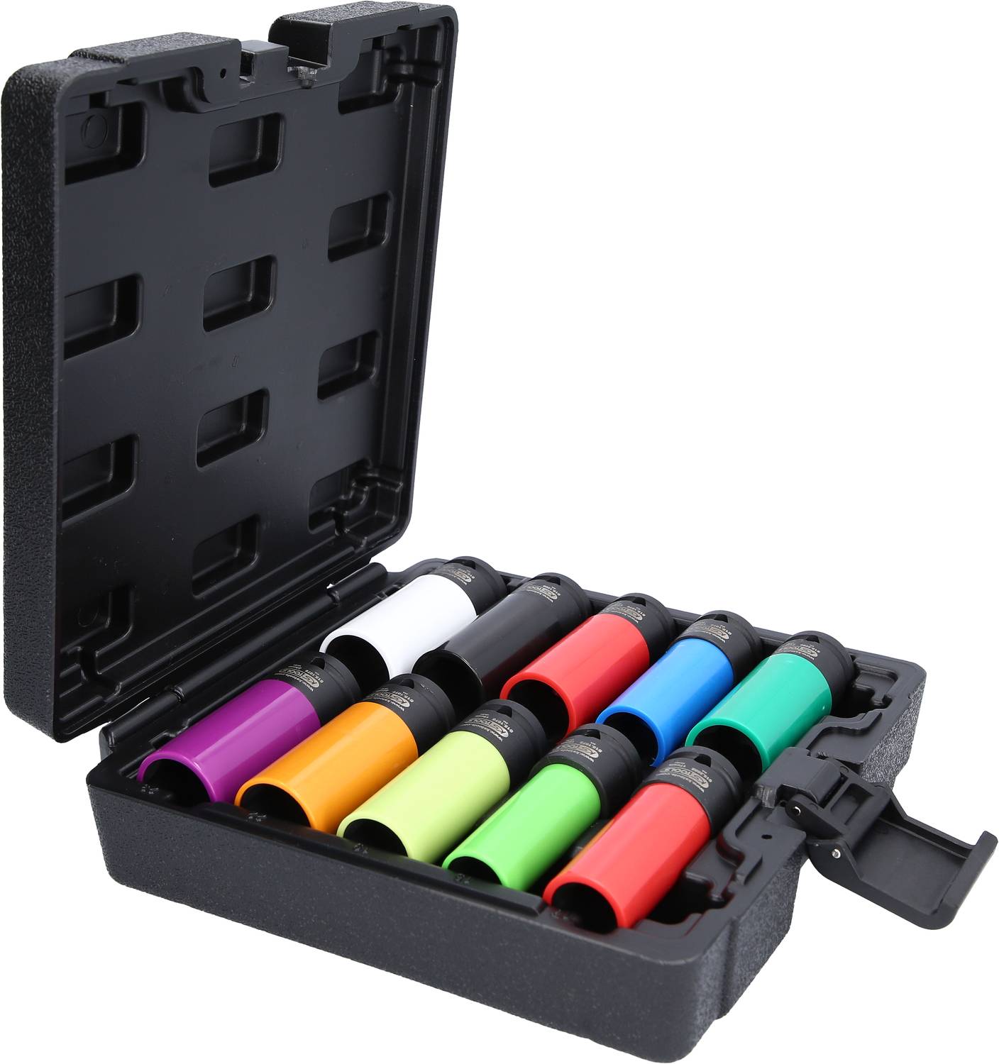 Ein Koffer mit acht farbigen Markern in verschiedenen Farben: lila, orange, weiß, schwarz, rot, grün, hellblau und dunkelblau.