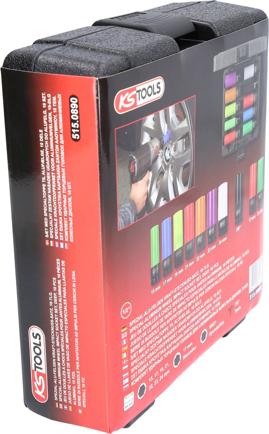 Schwarzer Werkzeugkoffer von KS Tools mit Produktbild eines Farbsortiments auf der Rückseite. Enthält farbcodierte Steckschlüsseleinsätze.