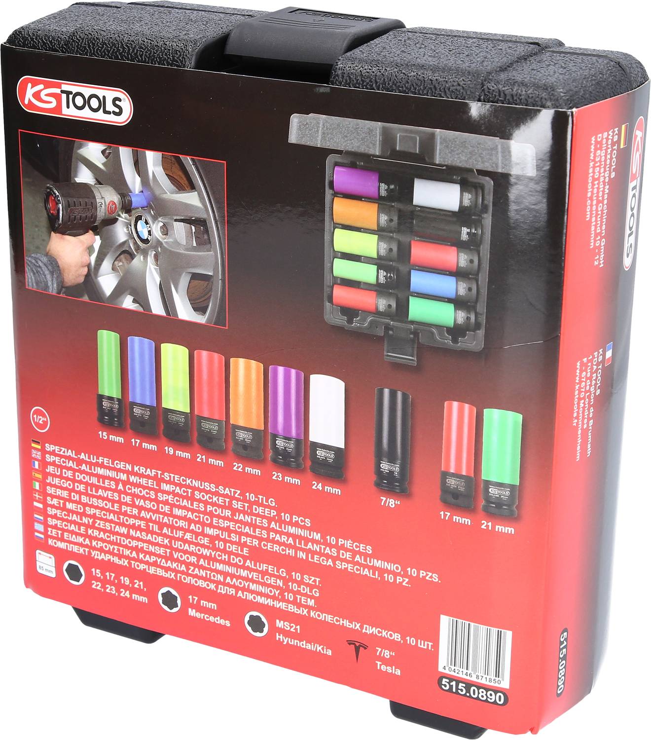 'KS Tools'-Verpackung für Radmutter-Schlüsselsatz. Zeigt Stecknüsse in verschiedenen Farben und Größen. Enthält Details zur Anwendung.