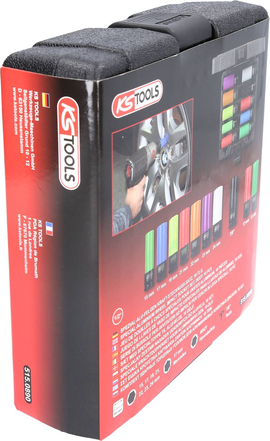 'KS Tools' Werkzeugset im Koffer mit verschiedenen farbigen Steckschlüsseln. Geeignet für KFZ-Montage. Verpackung zeigt Produktbeispiele.