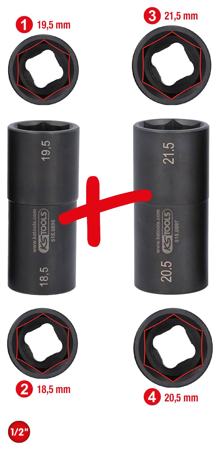 Zwei Stecknüsse, eine mit '19,5 mm' und '18,5 mm', die andere mit '21,5 mm' und '20,5 mm'. Pluszeichen dazwischen, rote Beschriftungen.