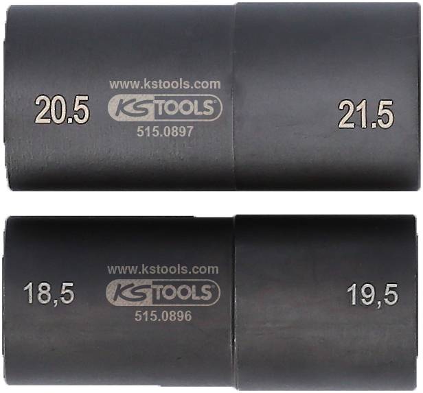 Zwei dunkelgraue Steckschlüsseleinsätze von KS Tools. Oben: Größe 20.5 und 21.5. Unten: Größe 18.5 und 19.5. Modellnummern sichtbar.