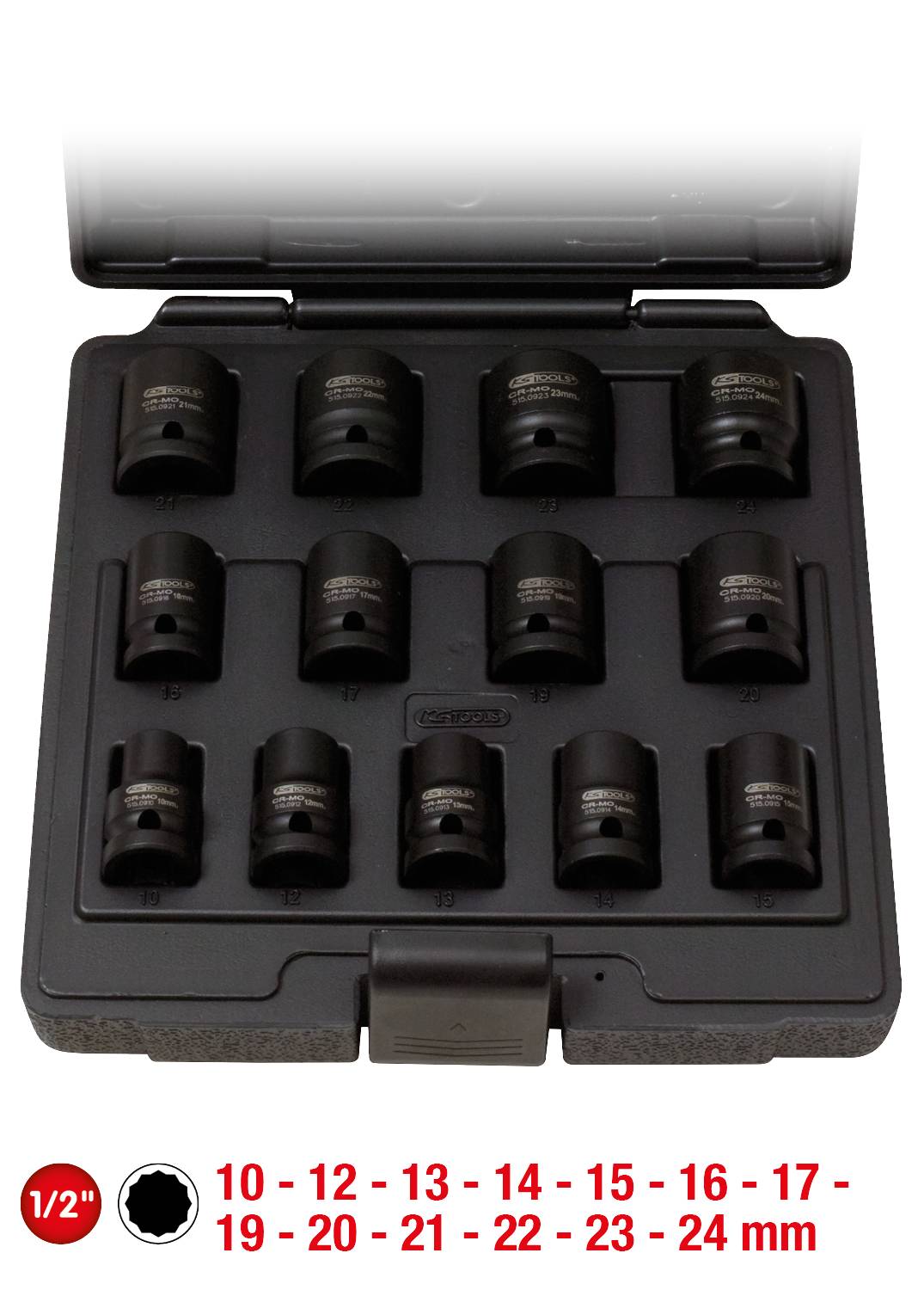 Satz eines 12-teiligen Steckschlüsselsatzes in einem schwarzen Koffer. Größen reichen von 10 bis 24 mm.