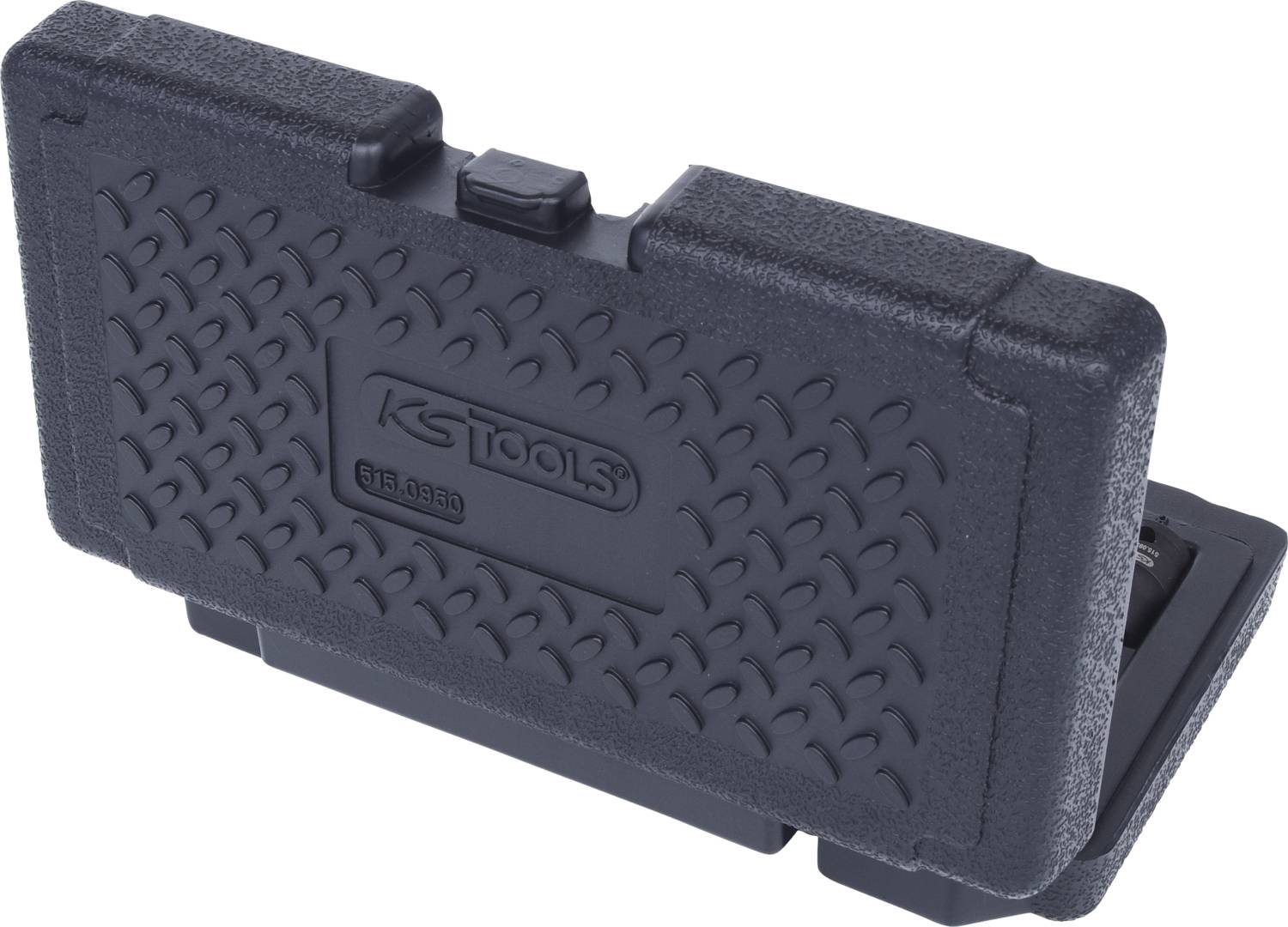 Schwarzer Kunststoffkoffer mit geprägtem KS TOOLS-Logo und Produktnummer auf der Vorderseite.