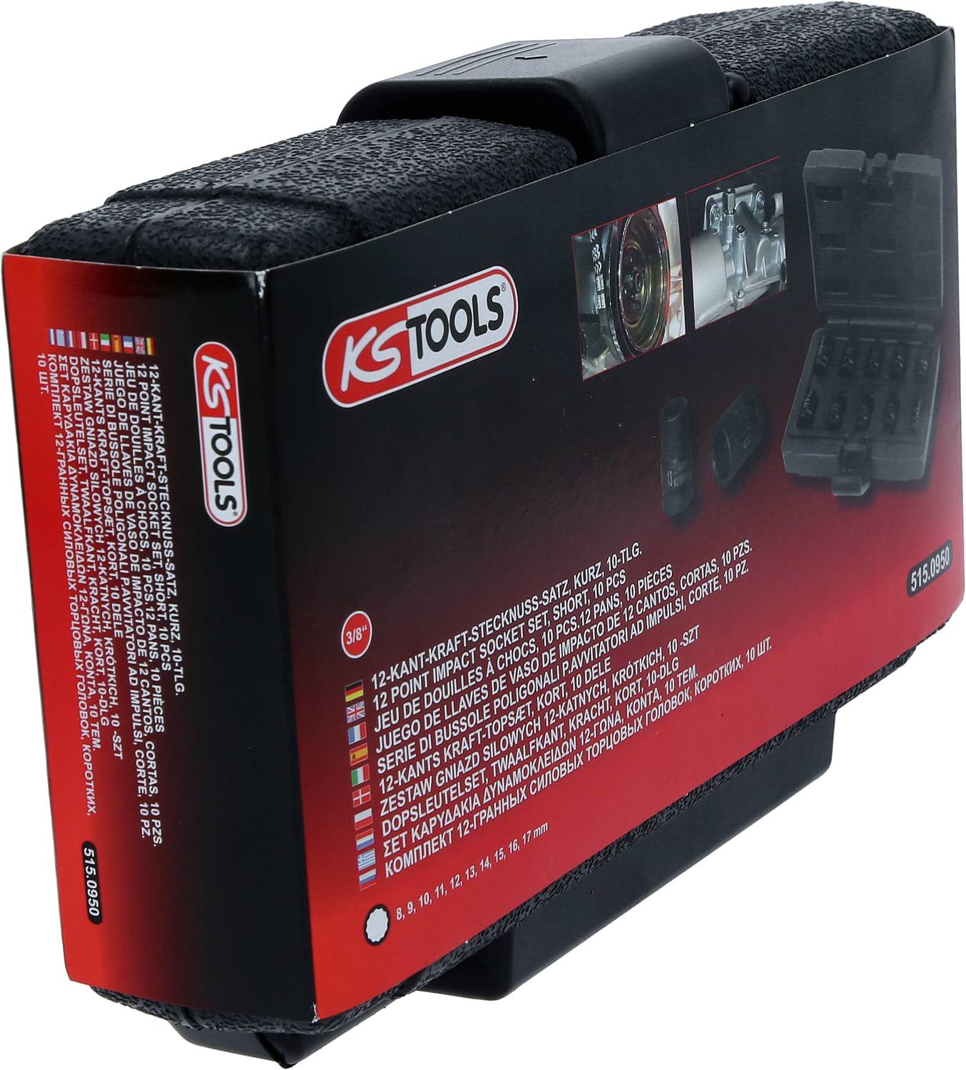 KS TOOLS Verpackung eines 12-Kant-Kraft-Stecknuss-Satzes, kurze Ausführung, mit Detailabbildungen und Produktinformationen.