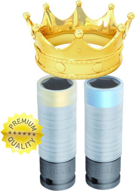 Zwei Steckschlüssel mit farbigen Ringen, symbolisch gekrönt und mit einem 'Premium Quality'-Siegel, stehen für erstklassige Qualität.