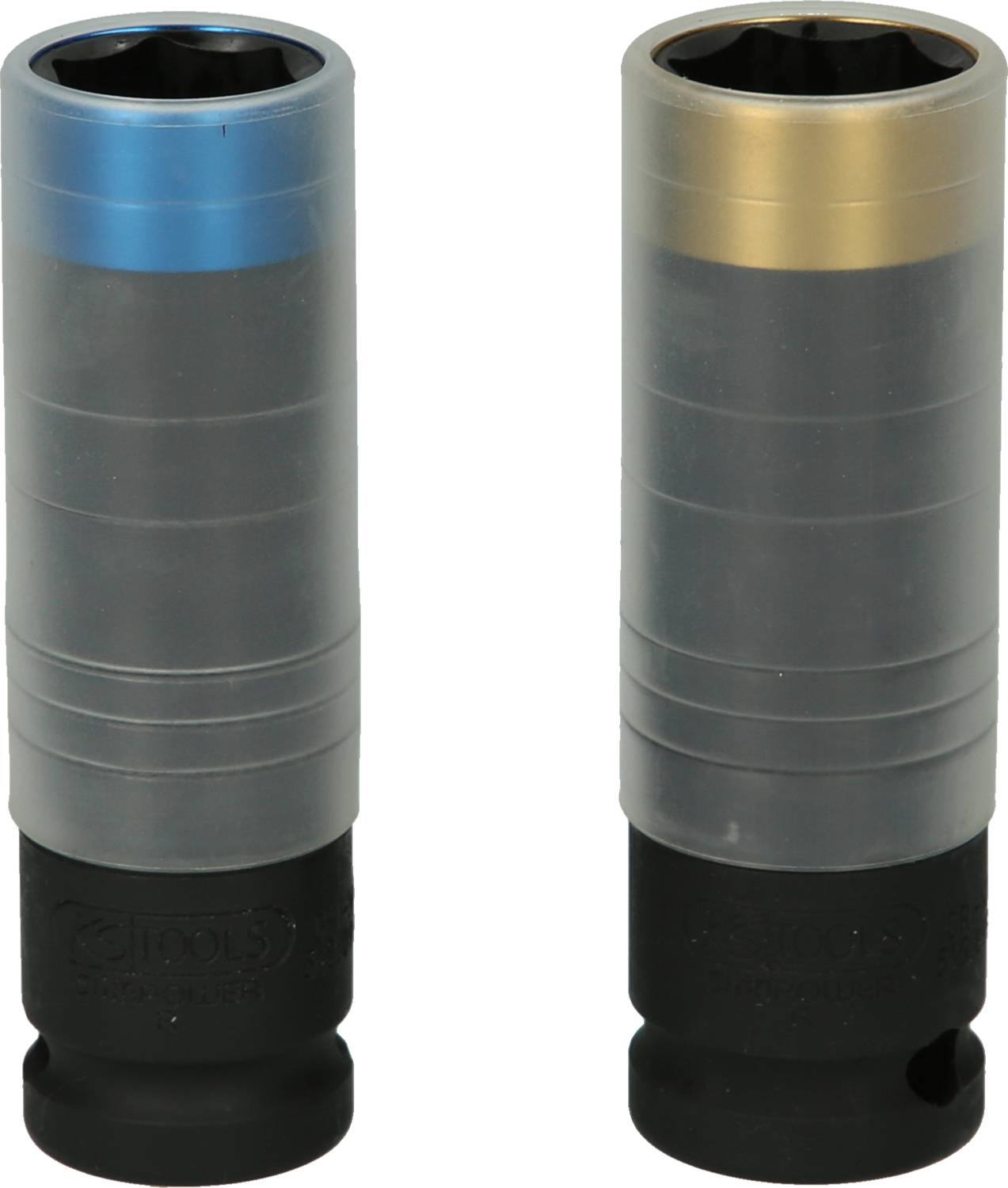 Zwei Nüsse mit unterschiedlicher Farbmarkierung, eine blau, eine gold, zum Befestigen oder Lösen von Schrauben oder Muttern.