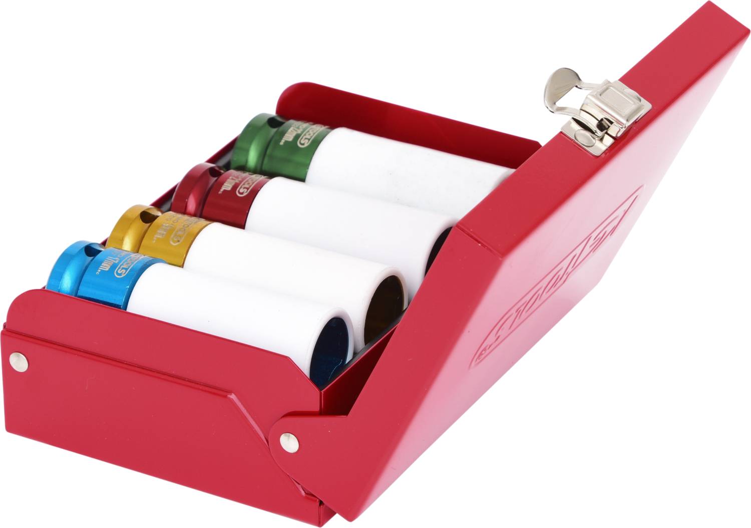 Ein Satz farbiger Felgenschloss-Schlüssel in einer roten Box, geöffnet. Enthält vier Stecknüsse in verschiedenen Farben für Radmuttern.