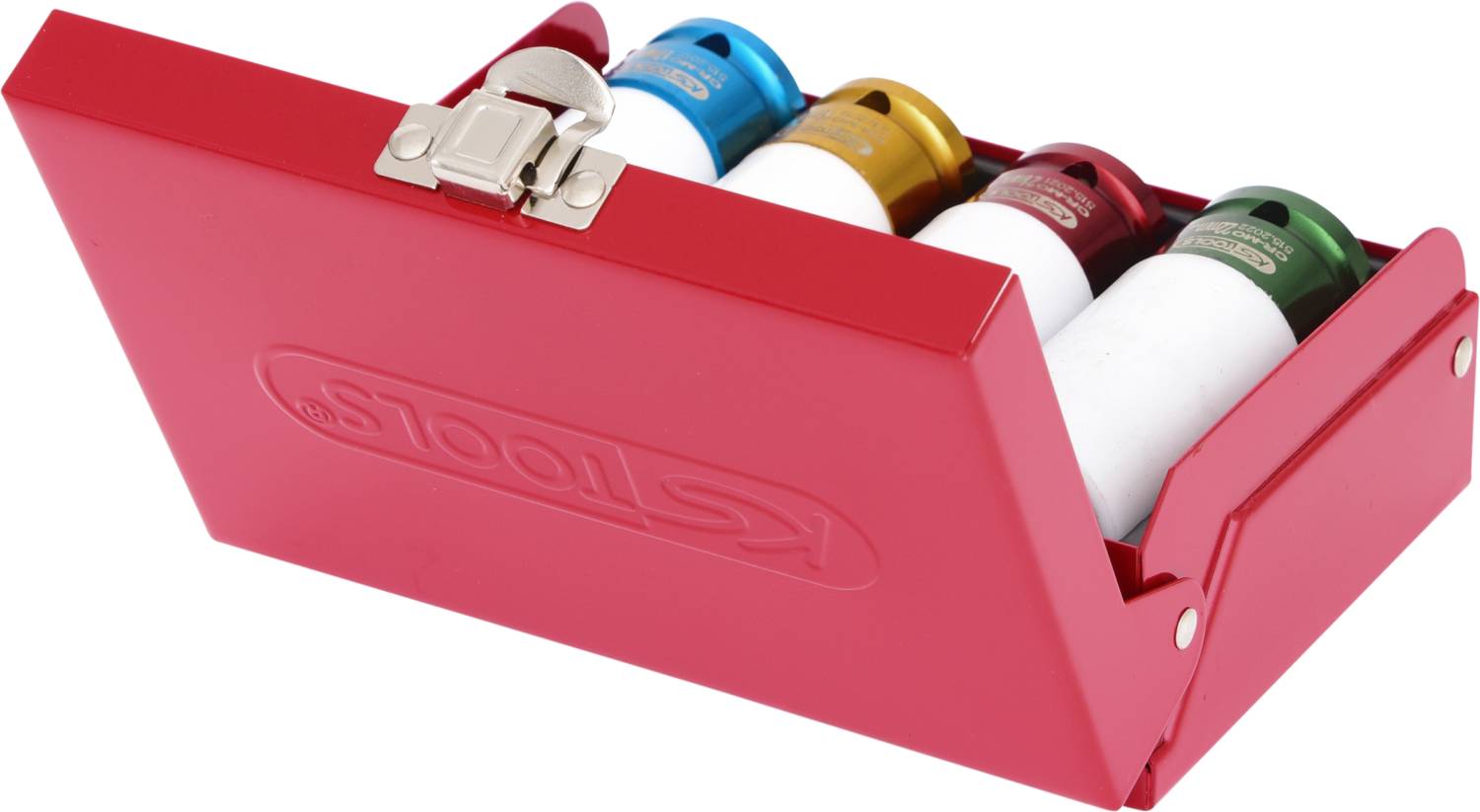 Roter Metallkasten mit vier farbigen Steckschlüsseln (blau, gold, rot, grün) für Felgenschlösser, mit Schnappverschluss.