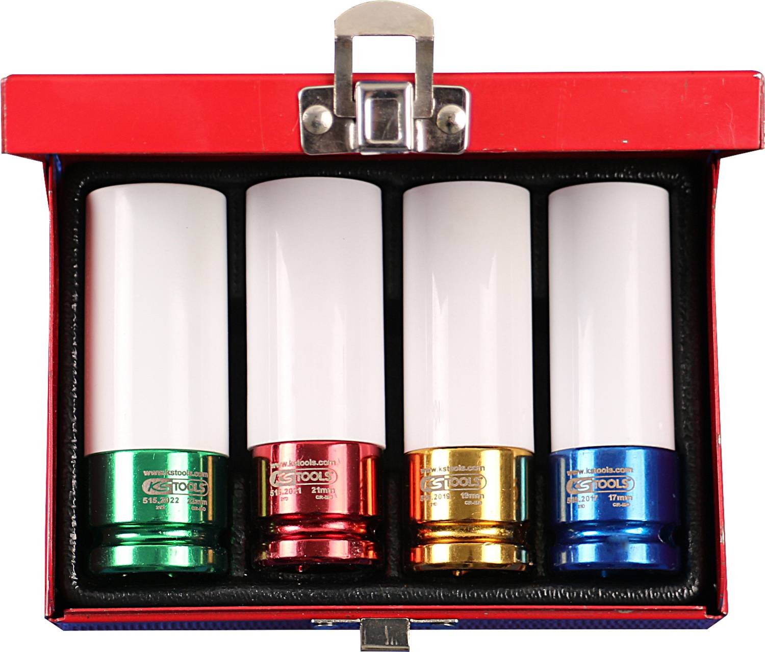 Vier farbige Schraubenschlüssel in einer offenen, roten Box. Sie sind grün, rot, gelb und blau und haben weiße Griffe.