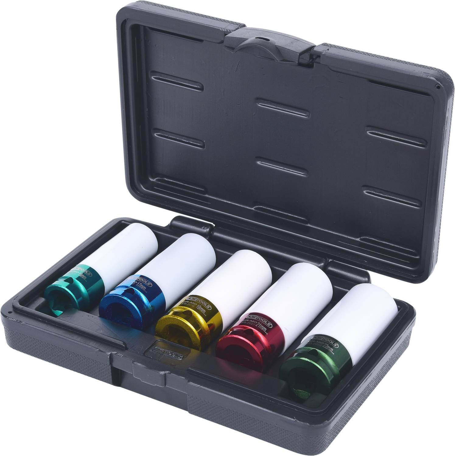 Ein offenes schwarzes Etui mit fünf farbigen Stecknüssen in Grün, Blau, Gelb, Rot und Lila, die jeweils eine Schutzabdeckung haben.