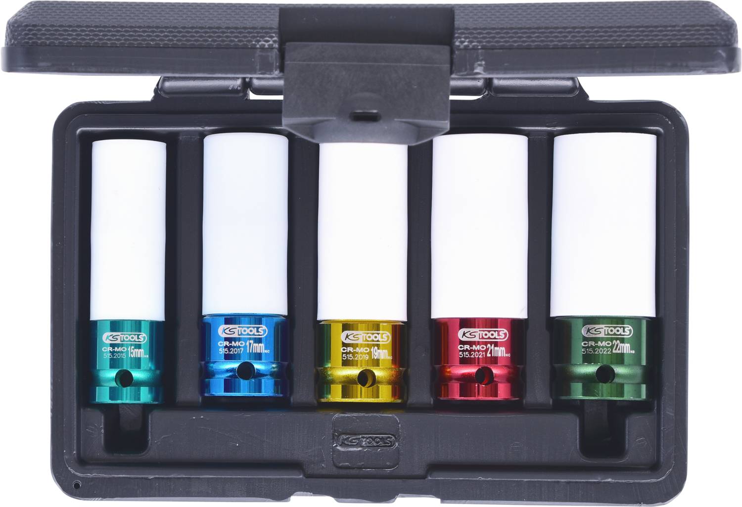 Fünf bunte Steckschlüsseleinsätze in einer schwarzen Box. Jede Einsatz hat unterschiedliche Farben: blau, rot, gelb, grün und weiß.