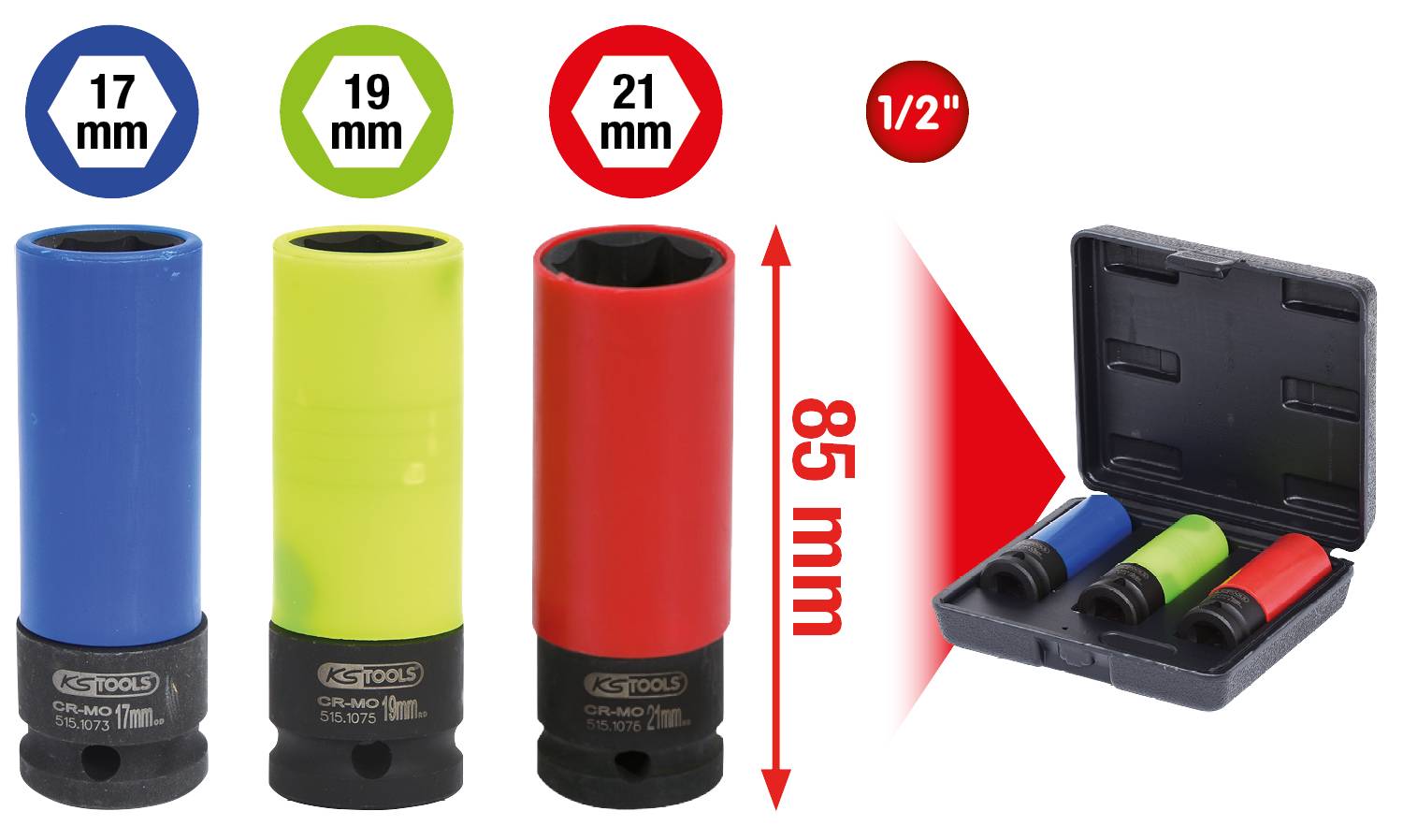 Drei farbige Nüsse für Radmuttern in 17 mm (blau), 19 mm (grün) und 21 mm (rot) mit 85 mm Länge, präsentiert in einer schwarzen Box.