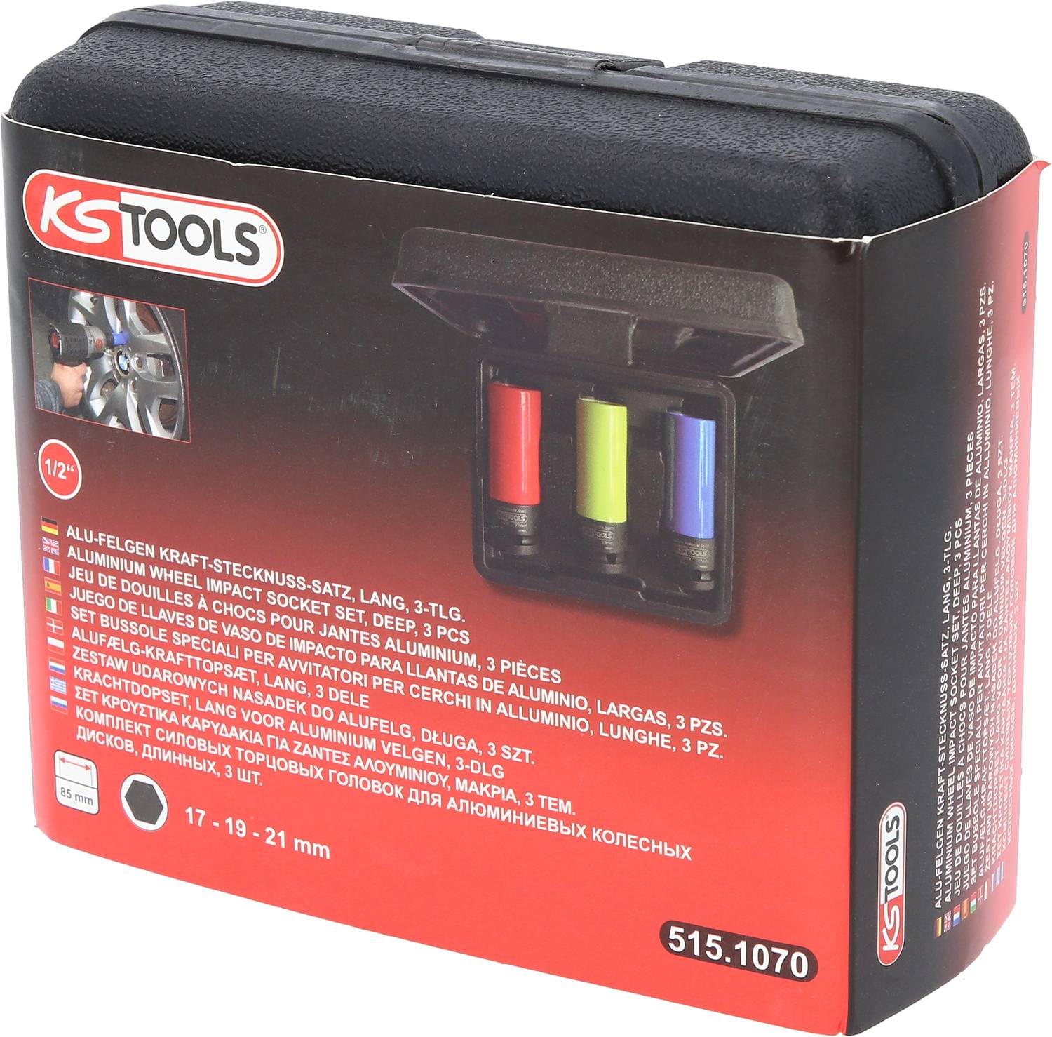'KS Tools' Stecknuss-Satz für Aluminiumfelgen, bestehend aus drei farblich markierten Nüssen in den Größen 17, 19 und 21 mm.